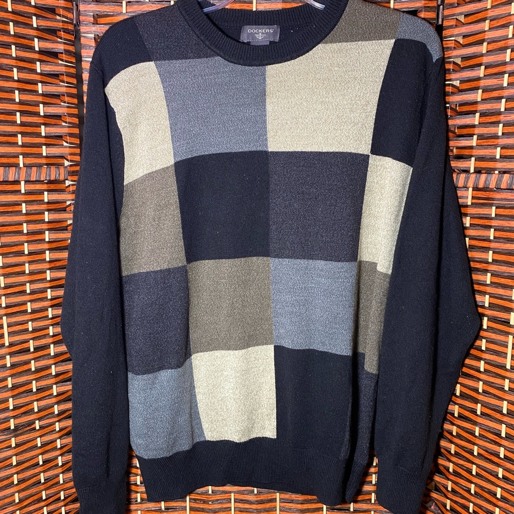 Dockers Color Block Sweater Mens Large Gray Black Tan Crewneck Knit Pullover